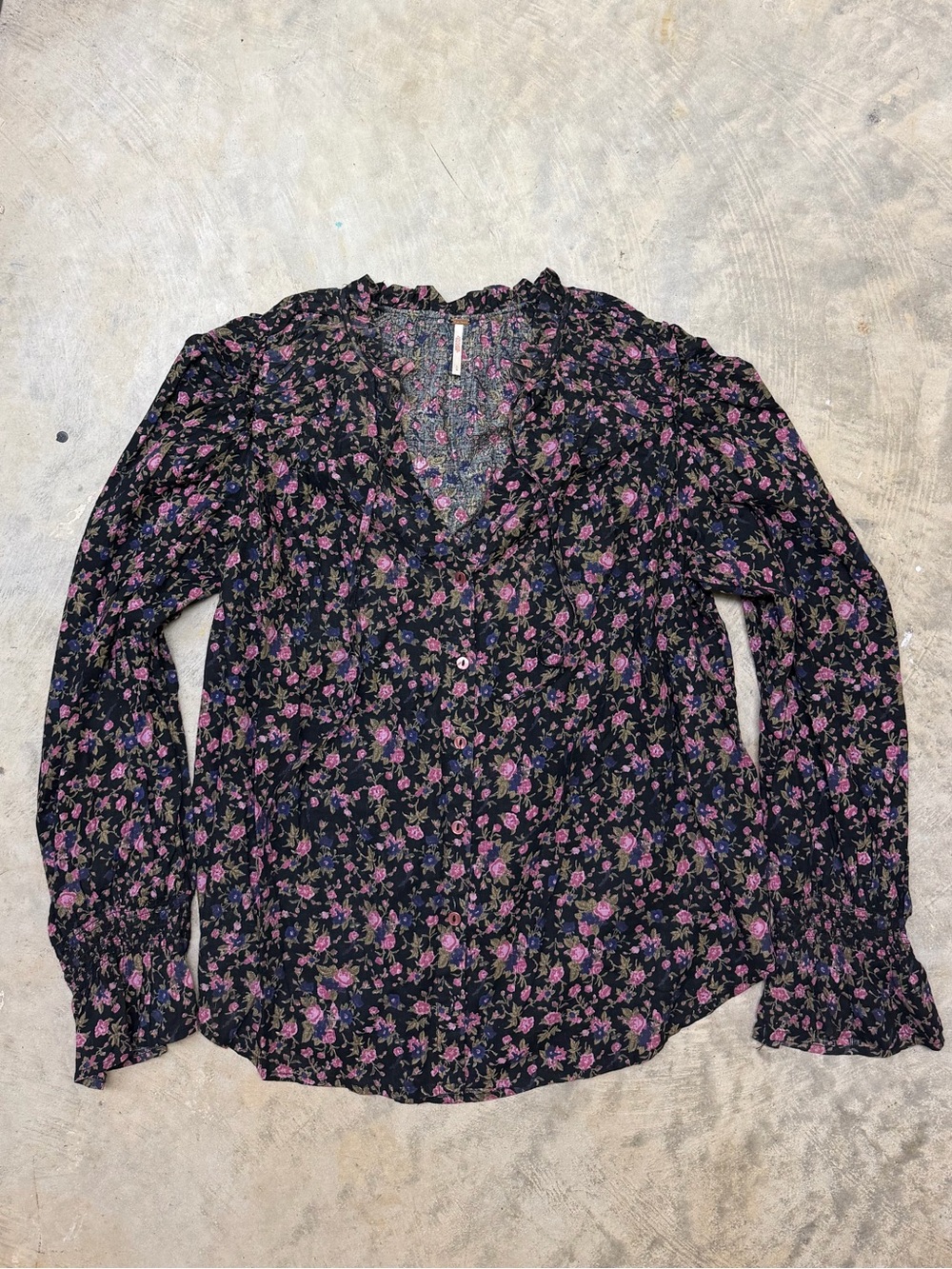 Free People Black Floral V-Neck Long Sleeve Blouse with Pink and Purple Print